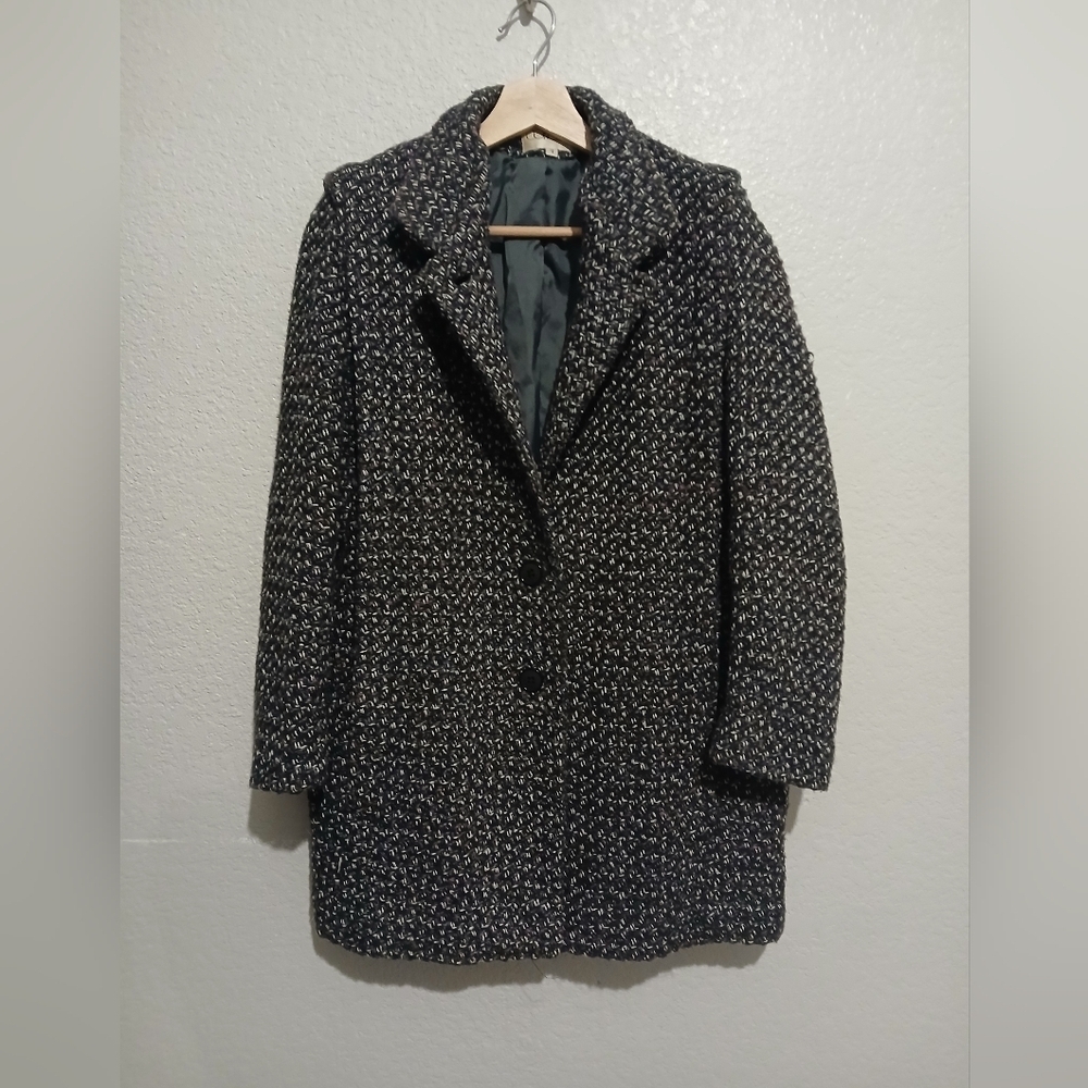 Wool Blend Tweed Black Pink White Purple Coat Size 6/7 Peacoat Trench Over Coat